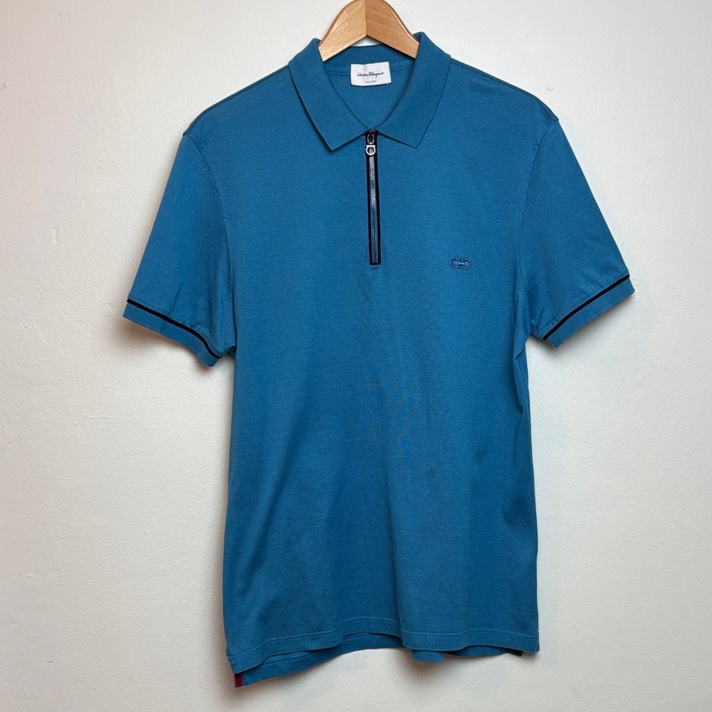 Salvatore Ferragamo Men's Large Zip-Up‎ Polo Shirt Blue Designer